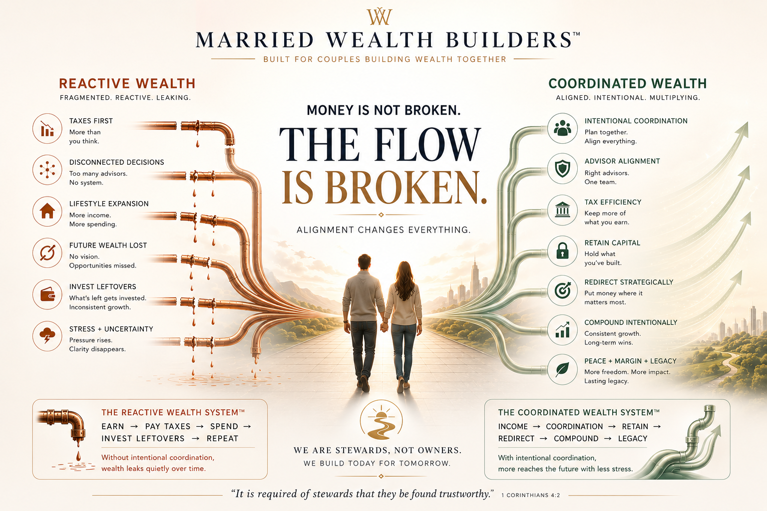 The Flow Is Broken — coordinated wealth versus reactive wealth, side by side.