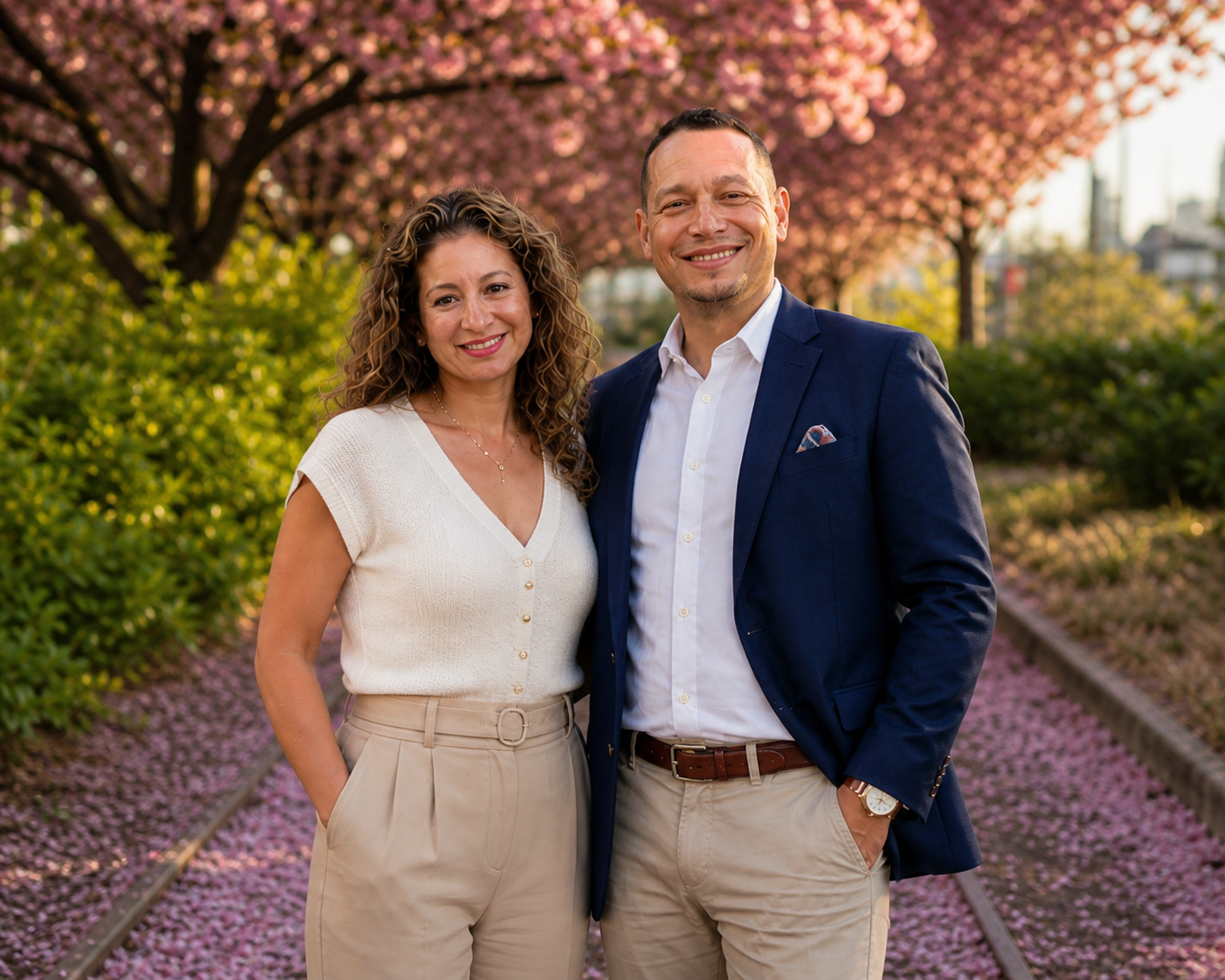 Eric and Haydee Rodriguez standing together under cherry blossoms.